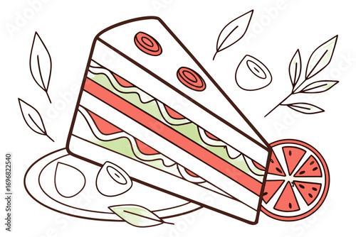 Triangular slice of layered sandwich with garnish