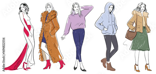 Winter Fashion Models Set in Hand Drawn Sketch Style, Vector Illustration Featuring Seasonal Outfits, Trendy Clothing, and Stylish Cold Weather Apparel for Fashion Design Projects
