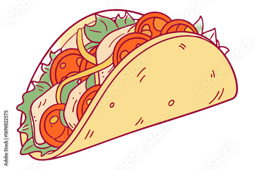 Hand drawn taco with lettuce, tomato, and cheese