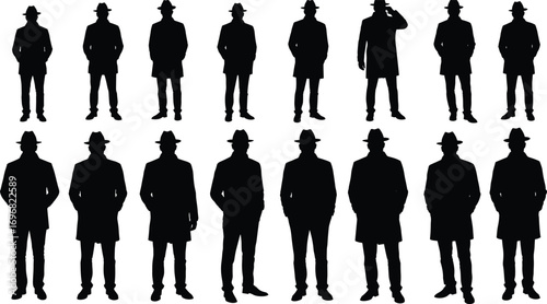 Silhouette man in coat and hat, detective figure illustration, mysterious character icon, noir style design, spy shadow artwork vector