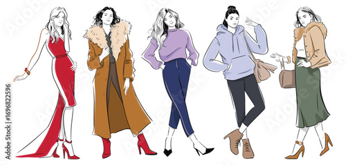 Winter Fashion Models Set in Hand Drawn Sketch Style, Vector Illustration Featuring Seasonal Outfits, Trendy Clothing, and Stylish Cold Weather Apparel for Fashion Design Projects