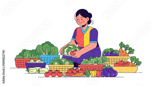 Freshness and Abundance: A depiction of woman among fresh vegetables and greens, carefully selecting produce, exuding an atmosphere of culinary freshness and healthy eating.