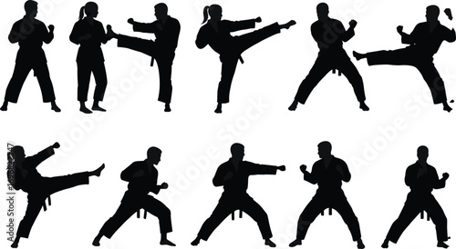 Silhouette of martial arts fighters practicing karate moves, karate training poses, self defense techniques, combat sports illustration, isolated black figure design