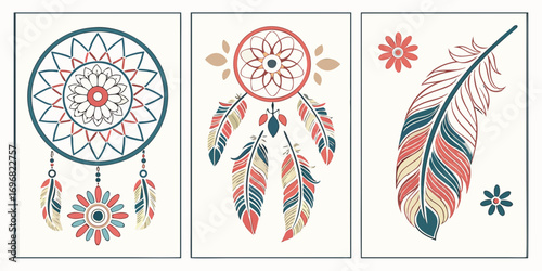 Bohemian dreamcatcher and feather triptych art