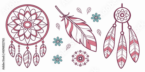 Pink bohemian dreamcatcher and feather illustration