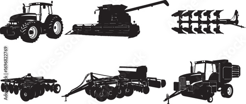 Agricultural Machinery Silhouettes Showcasing Farm Equipment Ranging from Tractors to Seeders and Plows Highlighting Essential Tools for Farming Operations