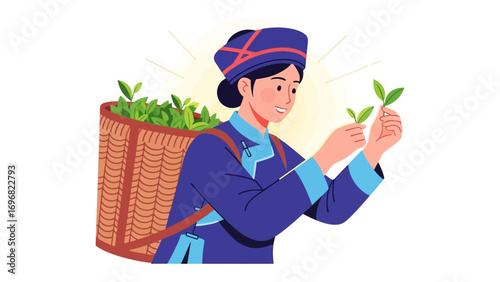 Tea Picker in Field: Capturing the image of a traditional tea picker, a woman smiles as she gently holds fresh tea leaves in the sun.