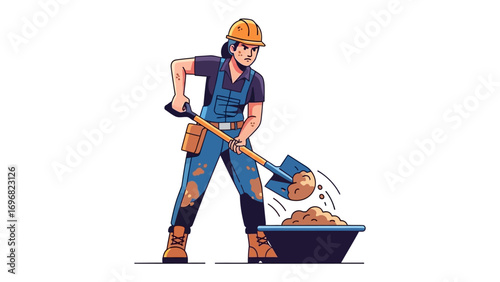 Hardworking Construction: An industrious individual, donning protective gear, diligently shovels sand into a container at a construction site, embodying the spirit of hard work and building