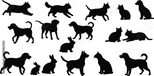 Cat, dog, and rabbit silhouettes, black pet vector set, domestic animal poses, cute clipart icons, isolated on white background