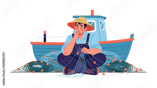 Fisherman's Contemplation: An illustrated depiction of a fisherman deep in thought, mending his net in front of his boat, symbolizing the anticipation and preparation for the next journey.
