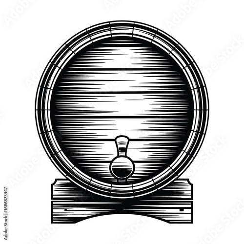 Rustic wooden barrel silhouette with vintage texture in black and white vector illustration