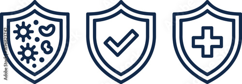 Three shield icons representing protection, health, and safety against threats