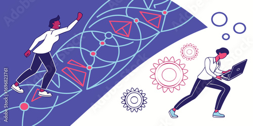 Two people interacting with technology and abstract shapes