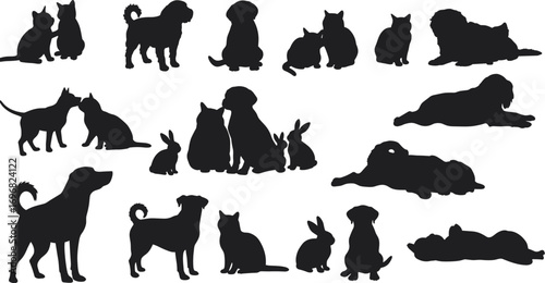 Dog, cat, rabbit silhouettes, black vector pets, domestic animals icons, cute animal poses, pet clipart set, white background illustration