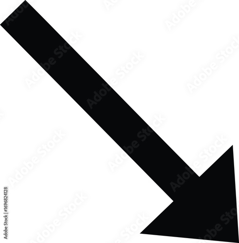 Black arrow pointing downward to the right, symbolizing decline, decrease, direction, reduction, business loss, negative growth, vector icon, and movement.