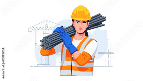 Woman Construction Worker: A determined construction worker carries a bundle of rebar on her shoulder with determination, embodying the strength and resilience of the construction industry.
