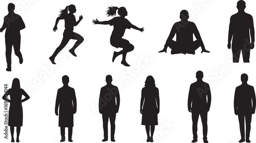 Silhouetted Figures Depicting Various Activities and Professions Standing in Rows, Creating a Sense of Diversity and Human Representation