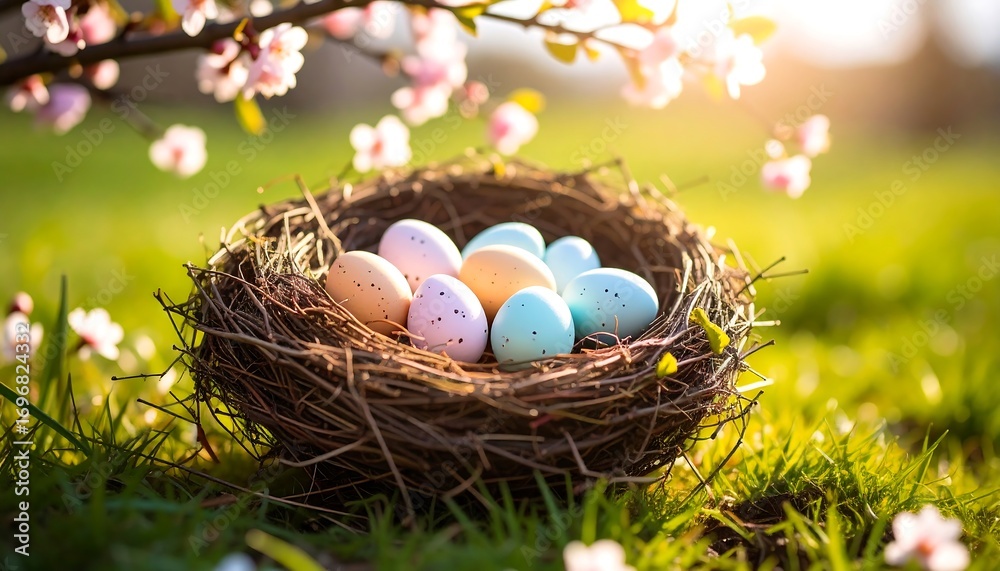 Obraz premium Easter eggs in a nest, spring blossoms