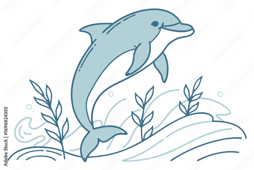 Fototapeta premium Cute dolphin jumping out of the water with plants