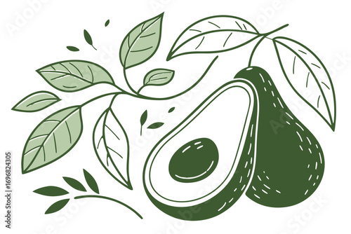 Avocado half and whole with leaves on