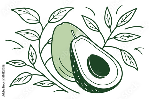 Avocado half and whole with leaves on