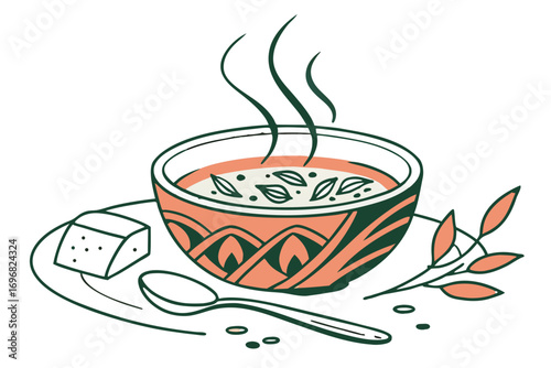 Hot soup in bowl with bread, spoon, and garnish