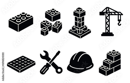 Industrial safety silhouette icon set. featuring gloves, lock, caution, boots, mask, tag, and shield symbols