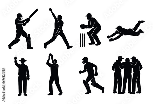 Cricket silhouette icons set. featuring batsman, bowler, wicketkeeper, fielder, umpire, celebration
