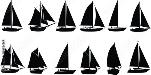 Silhouette sailing boats collection, yacht ship illustration, black sailboat icons, vintage marine vessels, nautical transportation, ocean adventure, vector art, design