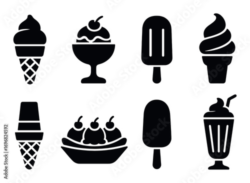 Fast food silhouette icon set. featuring drumstick, wings, fries, popcorn, ketchup, cookie, and donut.