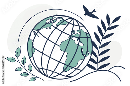 Illustration of a globe with leaves and a bird