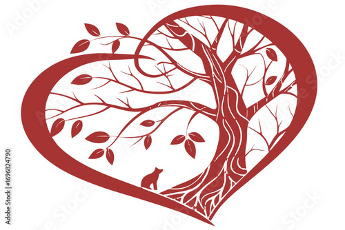 Tree of life inside a heart shape with a small fox at the base
