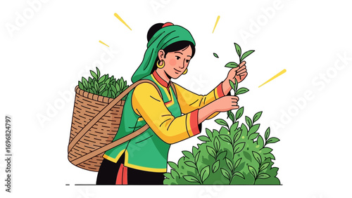 Tea Picker in Green Fields: A dedicated tea picker carefully harvests tea leaves in a sun-drenched green field, showcasing the cultural heritage. and connection with nature, and traditional harvest. 