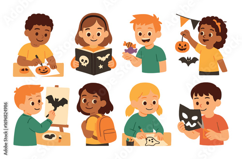 Halloween characters flat icon set. featuring witch, pumpkin, devil, skeleton, vampire, mummy, cat, candy