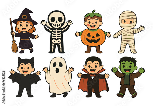 Halloween characters flat icon set. featuring ghost, pumpkin, skeleton, witch, vampire, bat, fairy, and zombie