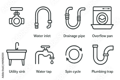 Security and maintenance linear icon set. featuring alarm, faucet, leak, light, battery, alert, pipe, and valve symbols