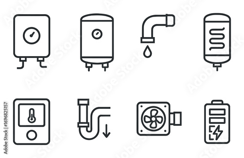 Gardening tools linear icon set. featuring garden hose, water sprinkler, watering can, hose reel, and more essentials