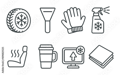Spacecraft equipment flat icon set. featuring pilot seat, dashboard console, navigation screen, storage unit, hatch lever, observation dome, cabin light, floor grip panel