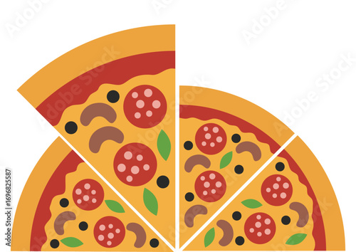 Sliced pizza on white background. Half-eaten, with one slice removed. Fast food, delivery, restaurant, or party menu design.