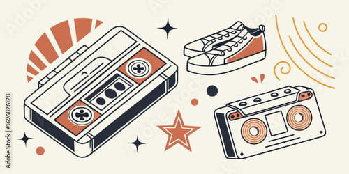 Retro cassette tapes and sneakers in a vintage style