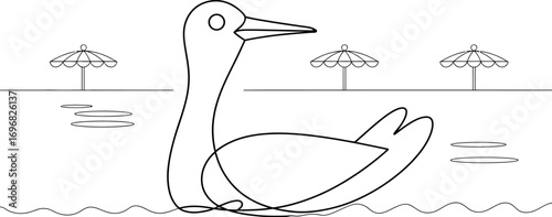 Whimsical duck illustration floats serenely on water with beach umbrellas in the background