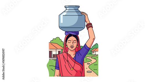 Water Bearer: A serene depiction of a woman gracefully carrying a water jug on her head, symbolizing tradition and the simple dignity of rural life.