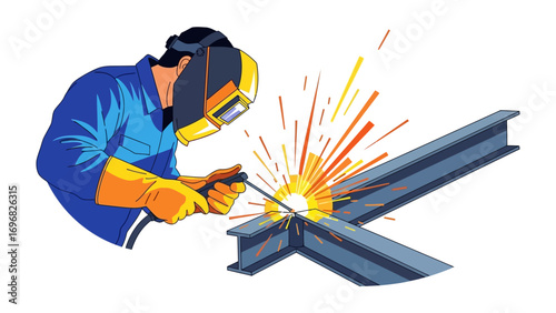 Welding Brilliance: A skilled artisan, shielded by a mask and gloves, masterfully merges two metallic beams with precision, unleashing a cascade of sparks.