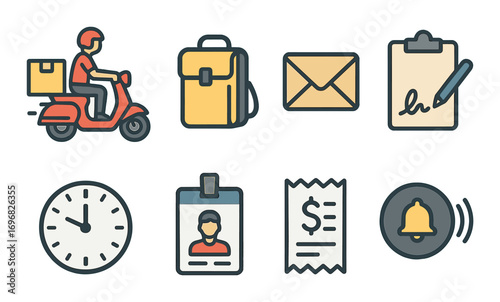 Logistics and trade flat icon set. featuring globe, passport, checklist, container, tag, package, import, customs