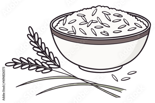 Bowl of rice with rice stalk