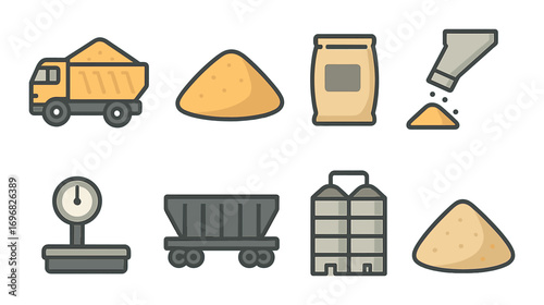 Transportation flat icon set. featuring truck, trailer, billboard, pallets, box, fuel pump, location, warehouse icons
