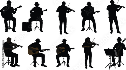 Musicians playing guitar and violin, live music performance, band rehearsal, acoustic instruments, seated and standing players, musical entertainment, stage concert, music practice session