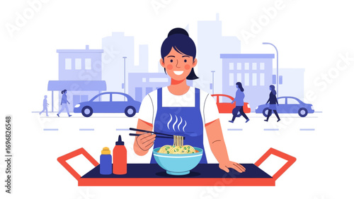 Culinary Delight: An inviting culinary scene where a woman chef relishes noodles, the aroma from the steam evokes satisfaction.