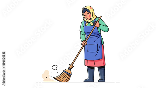 Cleaning up the Dust: An illustration of a woman cleaning, sweeping dust with determination. 