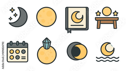 Meditation flat icon set. featuring bench, buddha, incense, crystals, shawl, rug, bowl, and candles